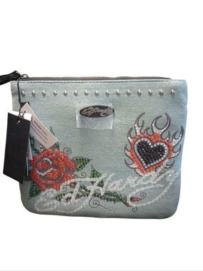 Ed Hardy Light Blue Denim Wristlet with Red Rose & Black Heart Embroidery, NWT